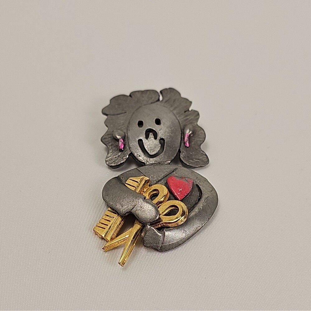 Ultra Craft Hairdresser Stylist Figural Brooch Silver Tone Whimsical Pin